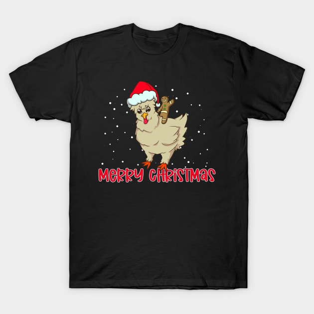 Gingerbread man riding Merry Christmas Chicken T-Shirt by Modern Medieval Design